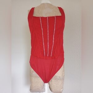 Red Sleeveless Bodysuit with White Accents